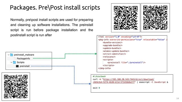 14
Packages. Pre\Post install scripts
Normally, pre\post install scripts are used for preparing
and cleaning up software installations. The preinstall
script is run before package installation and the
postinstall script is run after
