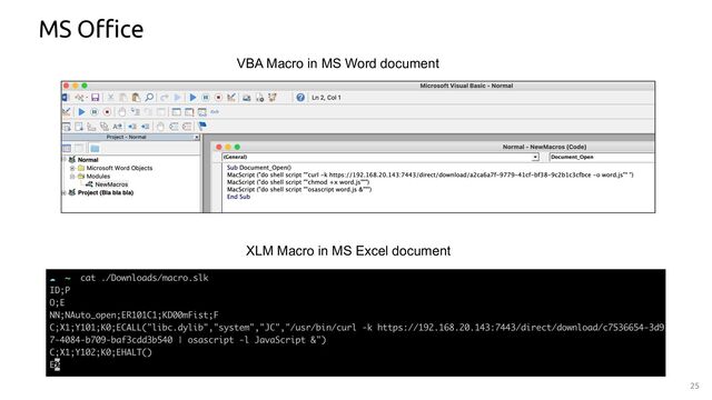 25
MS Office
VBA Macro in MS Word document
XLM Macro in MS Excel document

