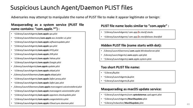 63
Suspicious Launch Agent/Daemon PLIST files
Masquerading as a system service (PLIST file
name contains: ”com.apple.*”) :
Adversaries may attempt to manipulate the name of PLIST file to make it appear legitimate or benign:
• ~/Library/LaunchAgents/com.apple.spx.plist
• ~/Library/LaunchDaemons/com.apple.acc.installer.v1.plist
• ~/Library/LaunchAgents/com.apple.softwareupdate.plist
• ~/Library/LaunchAgents/com.apple.spx.plist
• ~/Library/LaunchAgents/com.apple.HYQ.plist
• ~/Library/LaunchAgents/com.apple.2KR.plist
• ~/Library/LaunchAgents/com.apple.Yahoo.plist
• ~/Library/LaunchAgents/com.apple.Google.plist
• /Library/LaunchAgents/com.apple.update.plist
• ~/Library/LaunchAgents/com.apple.abtpd.plist
• /Library/LaunchDaemons/com.apple.abtpd.plist
• ~/Library/LaunchAgents/com.apple.Safari.proxy.plist
• ~/Library/LaunchAgents/com.apple.Safari.pac.plist
• /Library/LaunchDaemons/com.apple.marcoagent.voiceinstallerd.plist
• ~/Library/LaunchAgents/com.apple.marcoagent.voiceinstaller.plist
• ~/Library/LaunchAgents/com.apple.appstore.checkupdate.plist
• ~/Library/LaunchAgents/com.apple.usagestatistics.plist
• ~/Library/LaunchAgents/com.apple.iCloud.sync.daemon.plist
• /Library/LaunchDaemons/.com.apple.WindowServer.plist
• /Library/LaunchAgents/.com.apple.upd.plist
• ~/Library/LaunchAgents/.com.apple.system.plist
• ~/Library/LaunchAgents/ com.appIe.stockf.stocks
• ~/Library/LaunchAgents/ com.appIe.stockfolioses.Stockfoli
PLIST file name looks similar to ”com.apple” :
Hidden PLIST file (name starts with dot):
• ~/Library/LaunchAgents/com.uptodatemac.upd.agent.plist
• ~/Library/LaunchAgents/MacOSupdate.plist
• ~/Library/mdworker/MacOSupdate.plist
Masquerading as macOS update service:
• ~/Library/k.plist
• ~/Library/LaunchAgents/a.plist
• ~/Library/LaunchAgents/1.plist
Too short PLIST file name:
