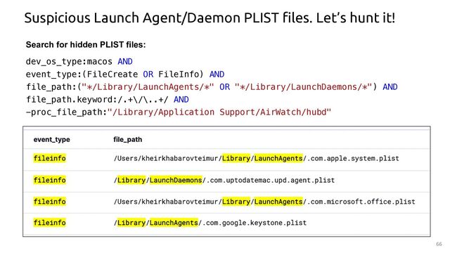 66
Search for hidden PLIST files:
dev_os_type:macos AND
event_type:(FileCreate OR FileInfo) AND
file_path:("*/Library/LaunchAgents/*" OR "*/Library/LaunchDaemons/*") AND
file_path.keyword:/.+\/\..+/ AND
-proc_file_path:"/Library/Application Support/AirWatch/hubd"
Suspicious Launch Agent/Daemon PLIST files. Let’s hunt it!
