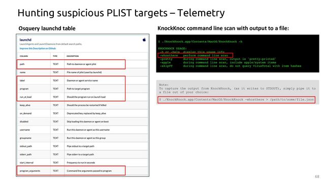 68
Hunting suspicious PLIST targets – Telemetry
Osquery launchd table KnockKnoc command line scan with output to a file:
