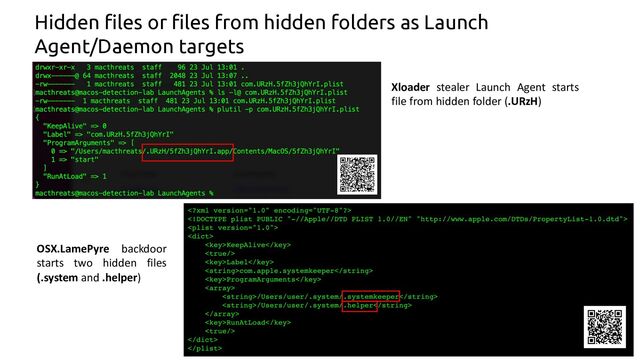 69
Xloader stealer Launch Agent starts
file from hidden folder (.URzH)
OSX.LamePyre backdoor
starts two hidden files
(.system and .helper)
Hidden files or files from hidden folders as Launch
Agent/Daemon targets
