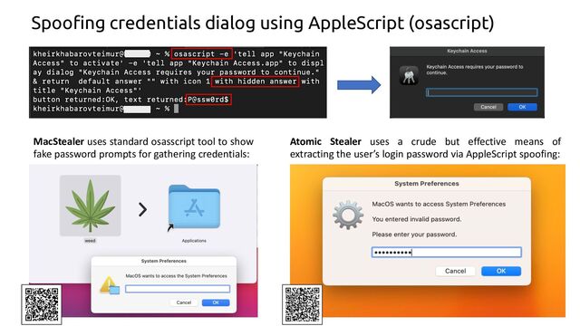 Spoofing credentials dialog using AppleScript (osascript)
MacStealer uses standard osasscript tool to show
fake password prompts for gathering credentials:
Atomic Stealer uses a crude but effective means of
extracting the user’s login password via AppleScript spoofing:
