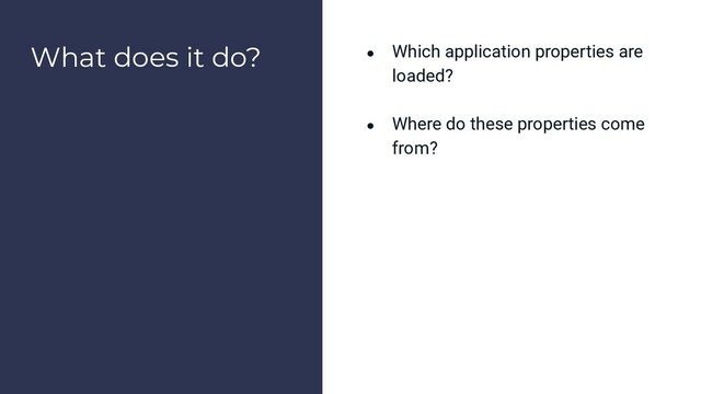 What does it do? ● Which application properties are
loaded?
● Where do these properties come
from?

