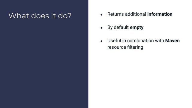 What does it do? ● Returns additional information
● By default empty
● Useful in combination with Maven
resource ﬁltering
