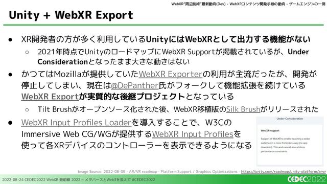 2022-08-24 CEDEC2022 WebXR 最前線 2022 ~ メタバースとWeb3を添えて #CEDEC2022
● XR開発者の方が多く利用しているUnityにはWebXRとして出力する機能がない
○ 2021年時点でUnityのロードマップにWebXR Supportが掲載されているが、Under
Considerationとなったまま大きな動きはない
● かつてはMozillaが提供していたWebXR Exporterの利用が主流だったが、開発が
停止してしまい、現在は@DePanther氏がフォークして機能拡張を続けている
WebXR Exportが実質的な後継プロジェクトとなっている
○ Tilt Brushがオープンソース化された後、WebXR移植版のSilk Brushがリリースされた
● WebXR Input Proﬁles Loaderを導入することで、W3Cの
Immersive Web CG/WGが提供するWebXR Input Proﬁlesを
使って各XRデバイスのコントローラーを表示できるようになる
Unity + WebXR Export
Image Source: 2022-08-05 - AR/VR roadmap - Platform Support / Graphics Optimizations - https://unity.com/roadmap/unity-platform/arvr
WebXR“周辺技術”最新動向(Dev) - WebXRコンテンツ開発手段の動向 - ゲームエンジンの一例
