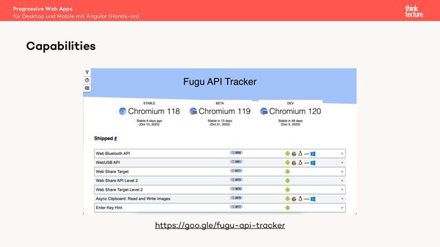 Progressive Web Apps
für Desktop und Mobile mit Angular (Hands-on)
Capabilities
https://goo.gle/fugu-api-tracker
