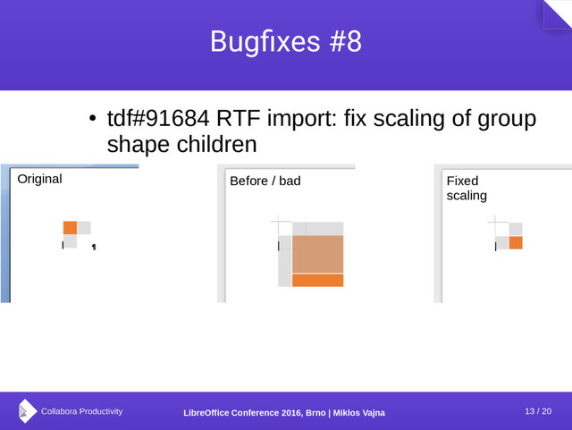 13 / 20
LibreOffice Conference 2016, Brno | Miklos Vajna
Bugfixes #8
●
tdf#91684 RTF import: fix scaling of group
shape children
Original Before / bad Fixed
scaling
