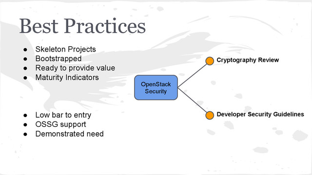 Best Practices
OpenStack
Security
Developer Security Guidelines
Cryptography Review
● Skeleton Projects
● Bootstrapped
● Ready to provide value
● Maturity Indicators
● Low bar to entry
● OSSG support
● Demonstrated need

