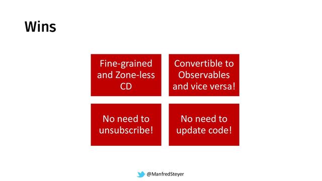 @ManfredSteyer
Fine-grained
and Zone-less
CD
Convertible to
Observables
and vice versa!
No need to
unsubscribe!
No need to
update code!
