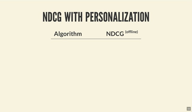 NDCG WITH PERSONALIZATION
NDCG WITH PERSONALIZATION
Algorithm NDCG (of ine)
50
