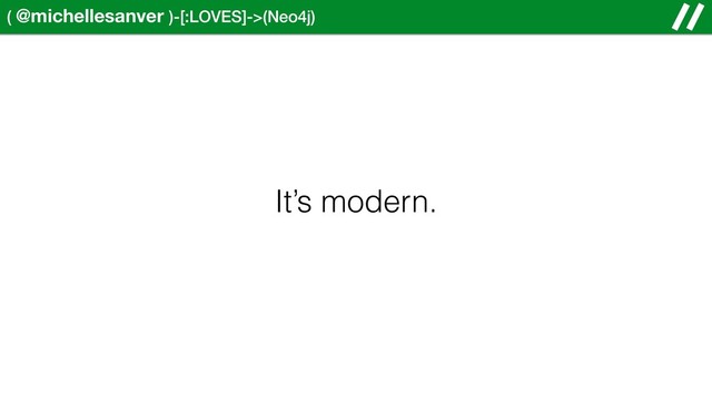 ( @michellesanver )-[:LOVES]->(Neo4j)
It’s modern.

