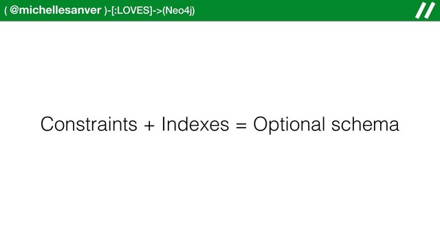 ( @michellesanver )-[:LOVES]->(Neo4j)
Constraints + Indexes = Optional schema
