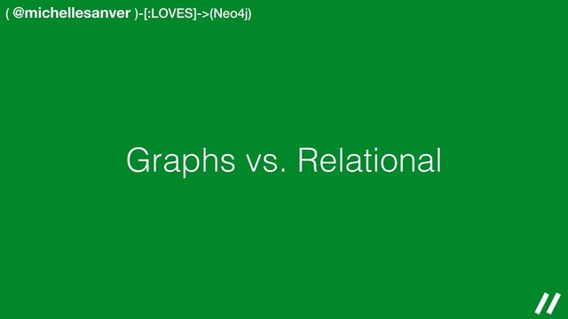 ( @michellesanver )-[:LOVES]->(Neo4j)
Graphs vs. Relational
