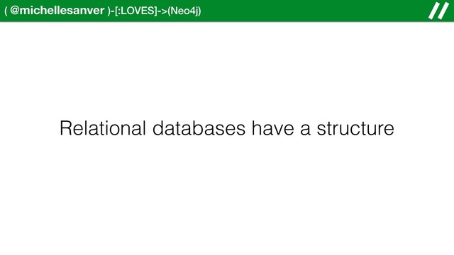 ( @michellesanver )-[:LOVES]->(Neo4j)
Relational databases have a structure
