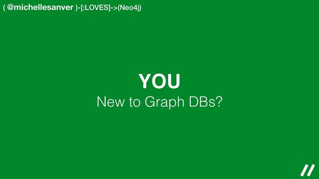 ( @michellesanver )-[:LOVES]->(Neo4j)
YOU
New to Graph DBs?
