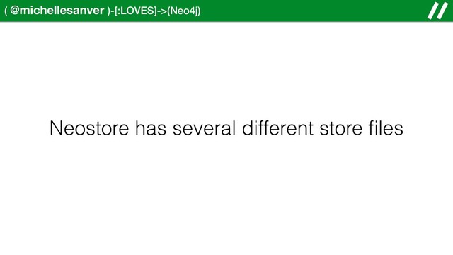 ( @michellesanver )-[:LOVES]->(Neo4j)
Neostore has several different store ﬁles
