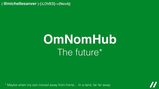( @michellesanver )-[:LOVES]->(Neo4j)
OmNomHub
The future*
* Maybe when my son moved away from home… In a land, far far away
