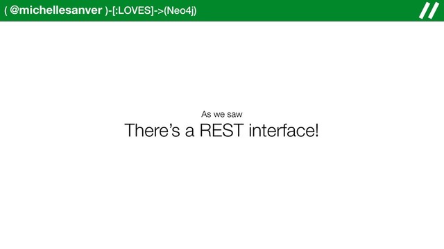 ( @michellesanver )-[:LOVES]->(Neo4j)
As we saw
There’s a REST interface!
