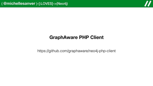 ( @michellesanver )-[:LOVES]->(Neo4j)
GraphAware PHP Client
https://github.com/graphaware/neo4j-php-client
