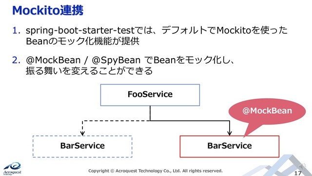 Mockito連携
Copyright © Acroquest Technology Co., Ltd. All rights reserved. 17
1. spring-boot-starter-testでは、デフォルトでMockitoを使った
Beanのモック化機能が提供
2. @MockBean / @SpyBean でBeanをモック化し、
振る舞いを変えることができる
FooService
BarService BarService
@MockBean
