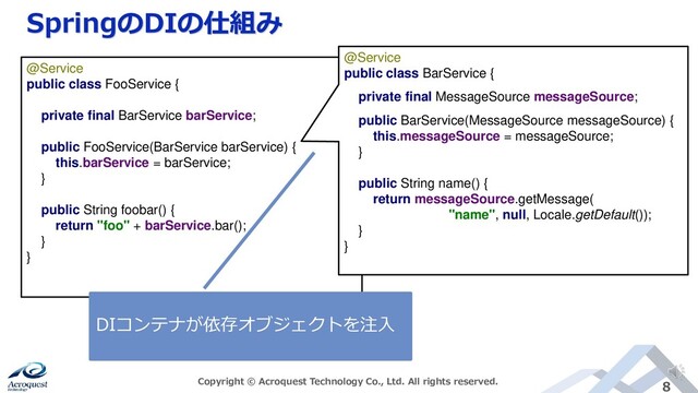 SpringのDIの仕組み
Copyright © Acroquest Technology Co., Ltd. All rights reserved. 8
@Service
public class FooService {
private final BarService barService;
public FooService(BarService barService) {
this.barService = barService;
}
public String foobar() {
return "foo" + barService.bar();
}
}
@Service
public class BarService {
private final MessageSource messageSource;
public BarService(MessageSource messageSource) {
this.messageSource = messageSource;
}
public String name() {
return messageSource.getMessage(
"name", null, Locale.getDefault());
}
}
DIコンテナが依存オブジェクトを注入
