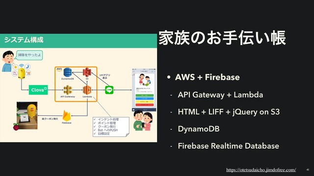 システム構成
掃除をやったよ
ü インテント処理
ü ポイント管理
ü クーポン発⾏
ü Bot へのPUSH
ü ⽬標設定
Firebase
紙クーポン発⾏
DynamoDB
API Gateway Lambda
S3
LIFFアプリ
表⽰
Ո଒ͷ͓ख఻͍ா
• AWS + Firebase
- API Gateway + Lambda
- HTML + LIFF + jQuery on S3
- DynamoDB
- Firebase Realtime Database
https://otetsudaicho.jimdofree.com/ 41
