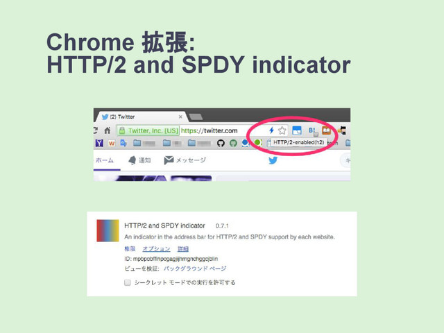 Chrome 拡張:
HTTP/2 and SPDY indicator
