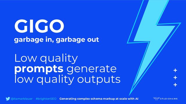 GIGO
garbage in, garbage out
Low quality
prompts generate
low quality outputs
@itamarblauer #brightonSEO Generating complex schema markup at scale with AI
