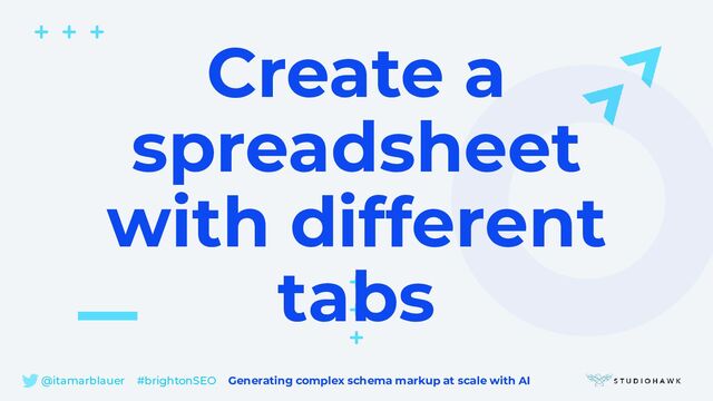 @itamarblauer #brightonSEO Generating complex schema markup at scale with AI
Create a
spreadsheet
with different
tabs
