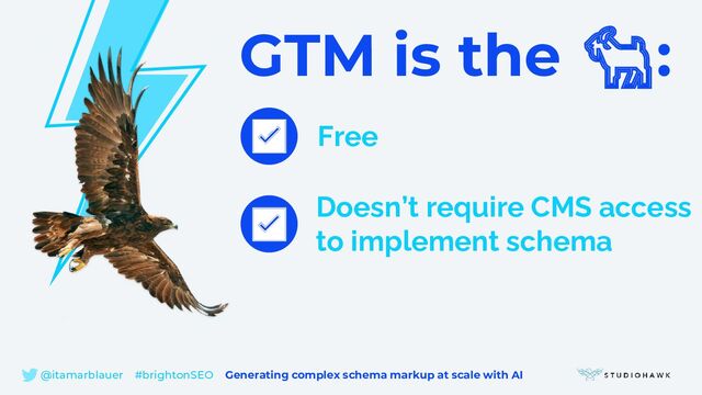 GTM is the 🐐:
Free
✅
✅
Doesn’t require CMS access
to implement schema
@itamarblauer #brightonSEO Generating complex schema markup at scale with AI
