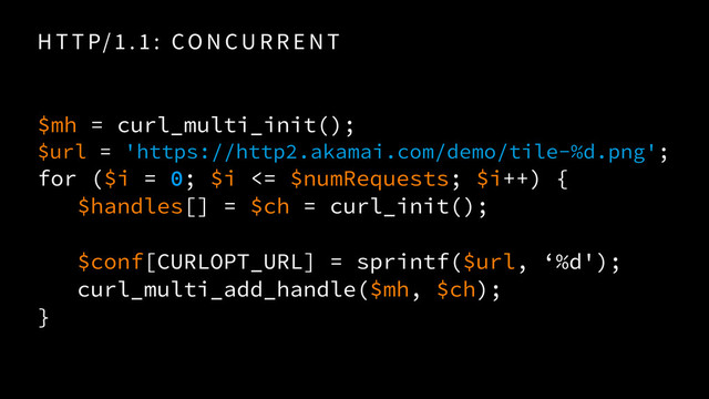 H T T P/ 1 . 1 : CO N CU R R E N T
$mh = curl_multi_init(); 
$url = 'https://http2.akamai.com/demo/tile-%d.png'; 
for ($i = 0; $i <= $numRequests; $i++) {
$handles[] = $ch = curl_init();
$conf[CURLOPT_URL] = sprintf($url, ‘%d');
curl_multi_add_handle($mh, $ch);
}
