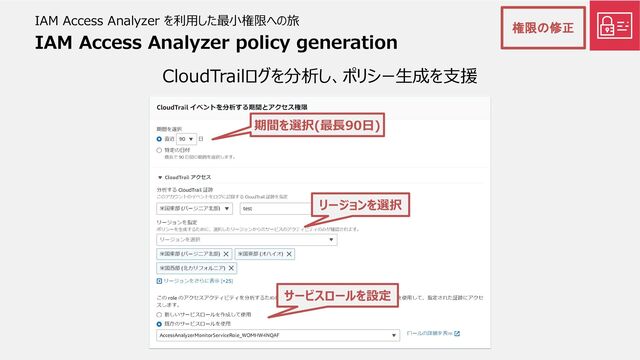 IAM Access Analyzer policy generation
CloudTrailログを分析し、ポリシー生成を支援
IAM Access Analyzer を利用した最小権限への旅
期間を選択(最長90日)
リージョンを選択
サービスロールを設定
権限の修正
