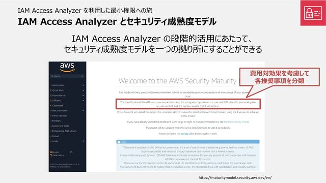 IAM Access Analyzer とセキュリティ成熟度モデル
IAM Access Analyzer の段階的活用にあたって、
セキュリティ成熟度モデルを一つの拠り所にすることができる
IAM Access Analyzer を利用した最小権限への旅
https://maturitymodel.security.aws.dev/en/
費用対効果を考慮して
各推奨事項を分類

