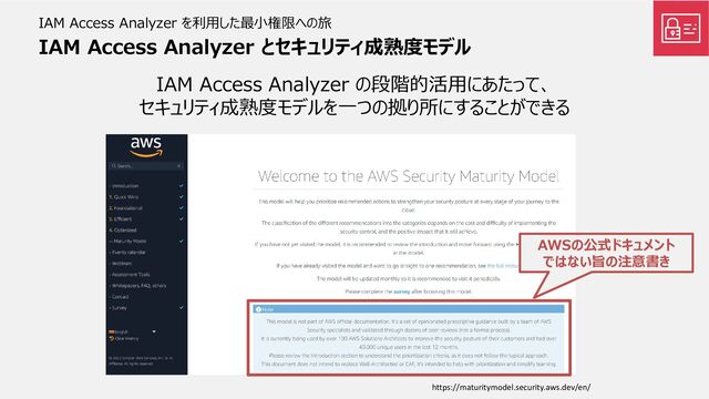 IAM Access Analyzer とセキュリティ成熟度モデル
IAM Access Analyzer の段階的活用にあたって、
セキュリティ成熟度モデルを一つの拠り所にすることができる
IAM Access Analyzer を利用した最小権限への旅
https://maturitymodel.security.aws.dev/en/
AWSの公式ドキュメント
ではない旨の注意書き
