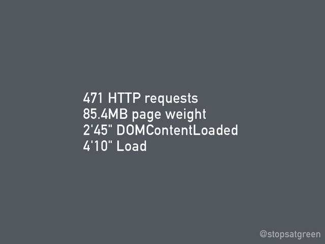 471 HTTP requests
85.4MB page weight
2'45" DOMContentLoaded
4'10" Load
@stopsatgreen
