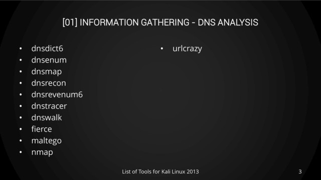 [01] INFORMATION GATHERING - DNS ANALYSIS
• dnsdict6
• dnsenum
• dnsmap
• dnsrecon
• dnsrevenum6
• dnstracer
• dnswalk
• fierce
• maltego
• nmap
• urlcrazy
3
List of Tools for Kali Linux 2013
