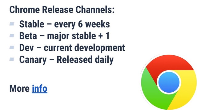 Chrome Release Channels:
▰ Stable – every 6 weeks
▰ Beta – major stable + 1
▰ Dev – current development
▰ Canary – Released daily
More info

