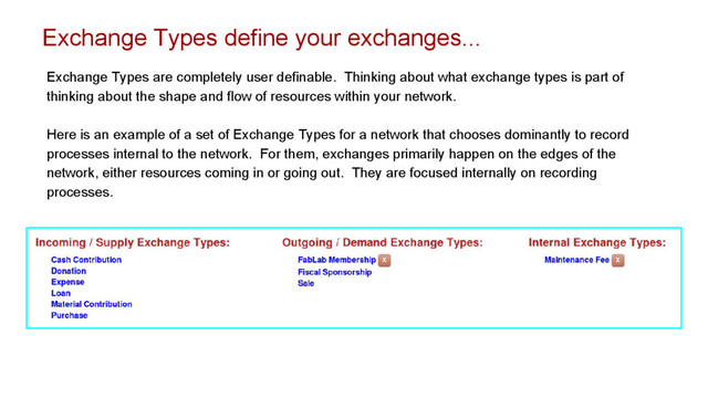 Exchange Types define your exchanges...
Exchange Types are completely user definable. Thinking about what exchange types is part of
thinking about the shape and flow of resources within your network.
Here is an example of a set of Exchange Types for a network that chooses dominantly to record
processes internal to the network. For them, exchanges primarily happen on the edges of the
network, either resources coming in or going out. They are focused internally on recording
processes.
