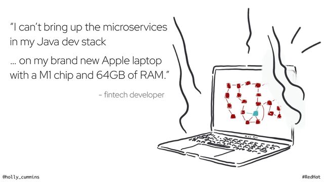 @holly_cummins #RedHat
“I can’t bring up the microservices
in my Java dev stack
… on my brand new Apple laptop
with a M1 chip and 64GB of RAM.”
- fintech developer
