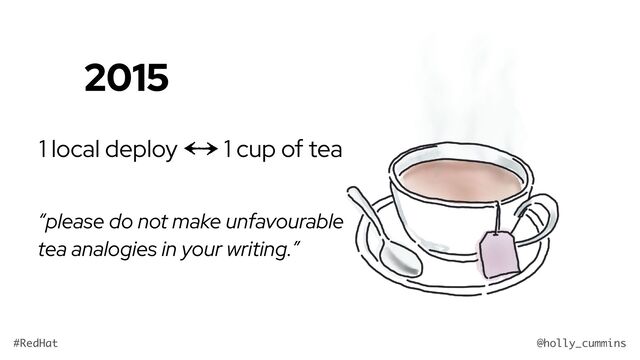 @holly_cummins
#RedHat
2015
“please do not make unfavourable
tea analogies in your writing.”
1 local deploy 1 cup of tea
