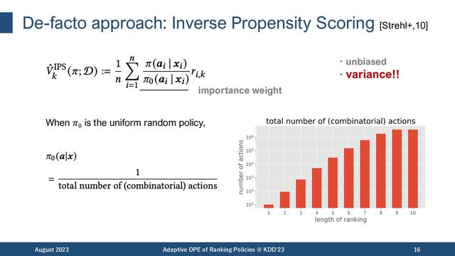 De-facto approach: Inverse Propensity Scoring [Strehl+,10]
August 2023 Adaptive OPE of Ranking Policies @ KDD'23 16
importance weight
・unbiased
・variance!!
When 𝜋0
is the uniform random policy,

