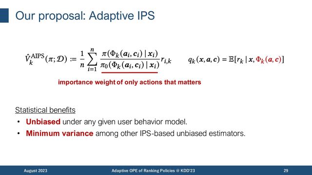 Our proposal: Adaptive IPS
August 2023 Adaptive OPE of Ranking Policies @ KDD'23 29
Statistical benefits
• Unbiased under any given user behavior model.
• Minimum variance among other IPS-based unbiased estimators.
importance weight of only actions that matters
