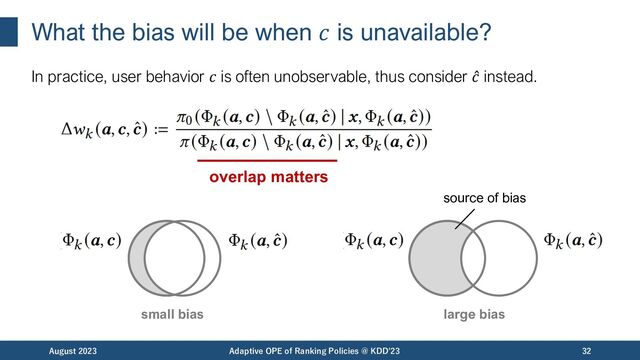 What the bias will be when 𝑐 is unavailable?
In practice, user behavior 𝑐 is often unobservable, thus consider ̂
𝑐 instead.
August 2023 Adaptive OPE of Ranking Policies @ KDD'23 32
overlap matters
small bias large bias
source of bias
