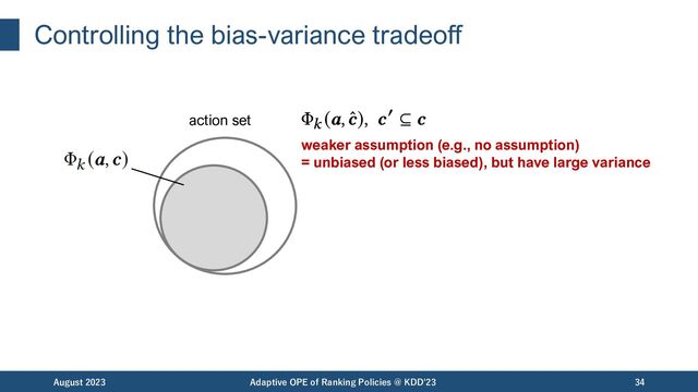 Controlling the bias-variance tradeoff
August 2023 Adaptive OPE of Ranking Policies @ KDD'23 34
weaker assumption (e.g., no assumption)
= unbiased (or less biased), but have large variance
action set
