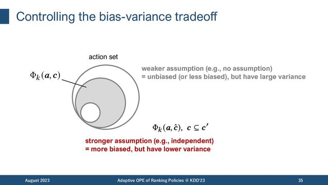 Controlling the bias-variance tradeoff
August 2023 Adaptive OPE of Ranking Policies @ KDD'23 35
stronger assumption (e.g., independent)
= more biased, but have lower variance
action set
weaker assumption (e.g., no assumption)
= unbiased (or less biased), but have large variance
