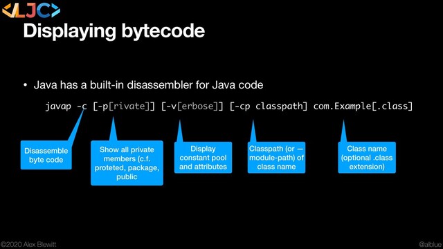 @alblue
©2020 Alex Blewitt
Displaying bytecode
• Java has a built-in disassembler for Java code

javap -c [-p[rivate]] [-v[erbose]] [-cp classpath] com.Example[.class]
Disassemble
byte code
Show all private
members (c.f.
proteted, package,
public
Display
constant pool
and attributes
Classpath (or —
module-path) of
class name
Class name
(optional .class
extension)
