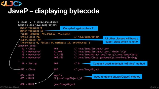 @alblue
©2020 Alex Blewitt
JavaP – displaying bytecode
$ javap -v -c java.lang.Object
public class java.lang.Object
minor version: 0
major version: 55
flags: (0x0021) ACC_PUBLIC, ACC_SUPER
this_class: #17 // java/lang/Object
super_class: #0
interfaces: 0, fields: 0, methods: 14, attributes: 1
Constant pool:
#1 = Class #63 // java/lang/StringBuilder
#2 = Methodref #1.#64 // java/lang/StringBuilder."":()V
#3 = Methodref #17.#65 // java/lang/Object.getClass:()Ljava/lang/Class;
#4 = Methodref #66.#67 // java/lang/Class.getName:()Ljava/lang/String;
...
#6 = String #69 // @
...
#17 = Class #80 // java/lang/Object 
... 
#34 = Utf8 equals
#35 = Utf8 (Ljava/lang/Object;)Z
...
#80 = Utf8 java/lang/Object
All other classes will have a
super_class which is not 0
Compiled against Java 11
Constant used in default 'toString' method
Used to deﬁne equals(Object) method
