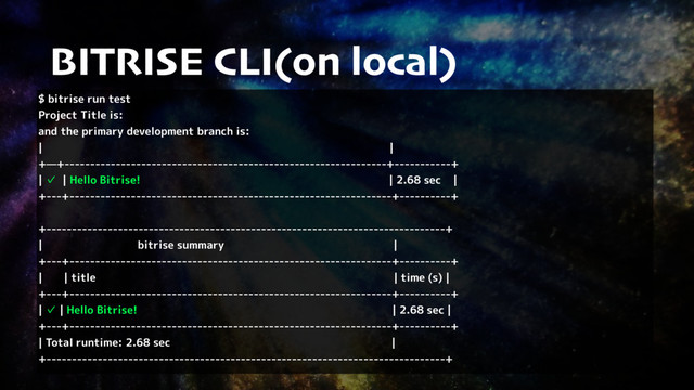 BITRISE CLI(on local)
$ bitrise run test
Project Title is:
and the primary development branch is:
| |
+—+---------------------------------------------------------------+-----------+
| ✓ | Hello Bitrise! | 2.68 sec |
+---+---------------------------------------------------------------+----------+
+------------------------------------------------------------------------------+
| bitrise summary |
+---+---------------------------------------------------------------+----------+
| | title | time (s) |
+---+---------------------------------------------------------------+----------+
| ✓ | Hello Bitrise! | 2.68 sec |
+---+---------------------------------------------------------------+----------+
| Total runtime: 2.68 sec |
+------------------------------------------------------------------------------+
