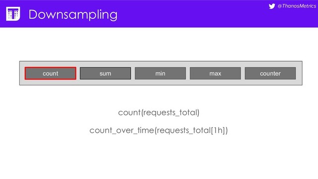 @ThanosMetrics
Downsampling
count sum min max counter
count(requests_total)
count_over_time(requests_total[1h])
